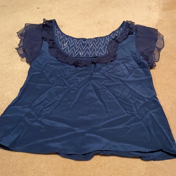 Navy Silk Short Sleeve Blouse - Picture 2 of 6